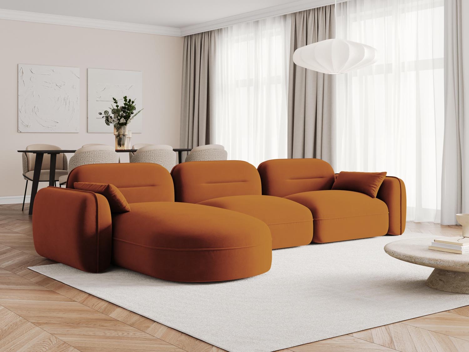 Elegantes Sydney Velour Ecksofa in Terracotta, ideal für stilvolle Wohnräume. Modular und komfortabel, perfekt für entspannte Abende.