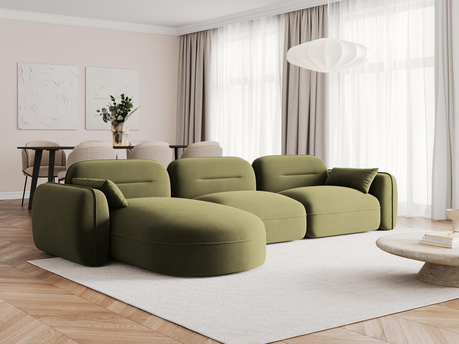 Elegantes Sydney Velour Ecksofa in sanftem Hellgrün, ideal für stilvolle Wohnräume. Modular und vielseitig einsetzbar.