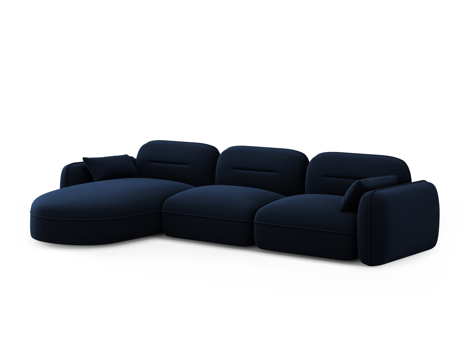 Modulares Ecksofa Sydney in royalblauem Velours, linksseitig, bietet modernen Komfort und stilvolle Akzente für jedes Wohnzimmer.