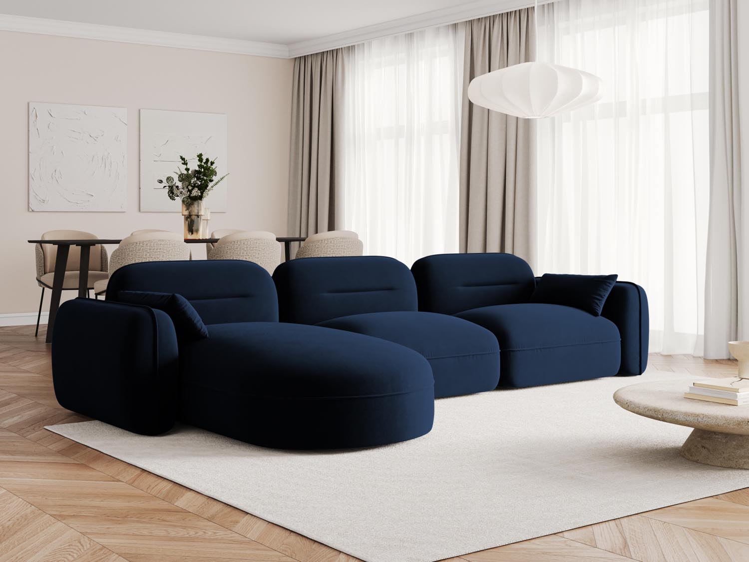 Elegantes Sydney Velour Ecksofa in Royal Blue, ideal für stilvolle Wohnräume. Modular und komfortabel, perfekt für entspannte Abende.