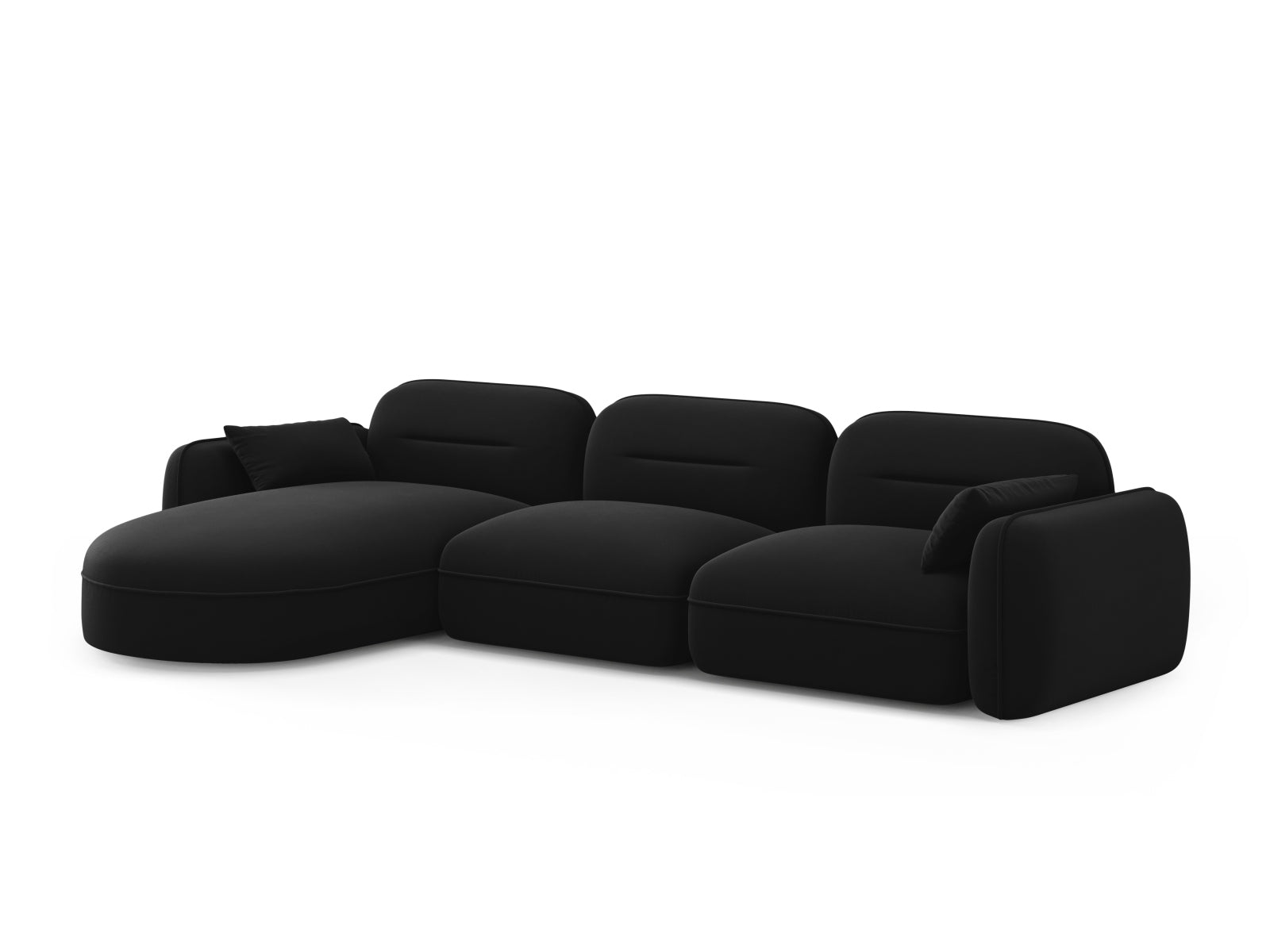 Modulares Sydney Velour Ecksofa in edlem Schwarz, bietet großzügigen Platz für 4 Personen und vereint Komfort mit modernem Design.