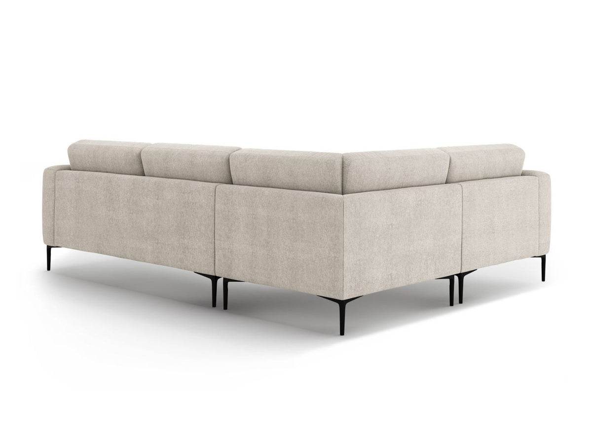 Ecksofa links Lazio in Beige-Sorella mit Strukturstoff, Massivholzrahmen und schwarzen Metallbeinen, 4-Sitzer mit Récamiere.