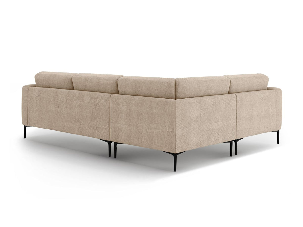 Ecksofa links Lazio in Beige-Sorella mit Strukturstoff, Massivholzrahmen und schwarzen Metallbeinen, 4-Sitzer mit Récamiere.
