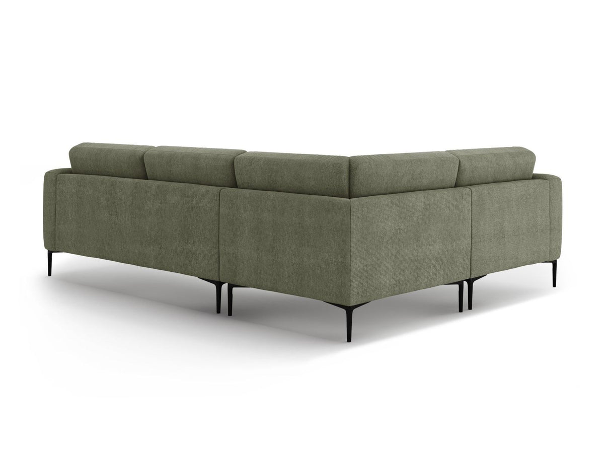 Ecksofa links Lazio in Beige-Sorella mit Strukturstoff, Massivholzrahmen und schwarzen Metallbeinen, 4-Sitzer mit Récamiere.