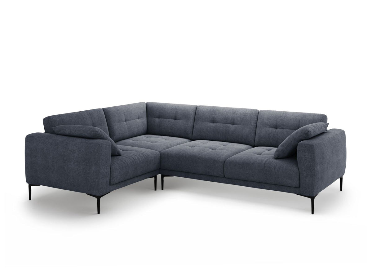 Ecksofa links Lazio in Beige-Sorella mit Strukturstoff, Massivholzrahmen und schwarzen Metallbeinen, 4-Sitzer mit Récamiere.