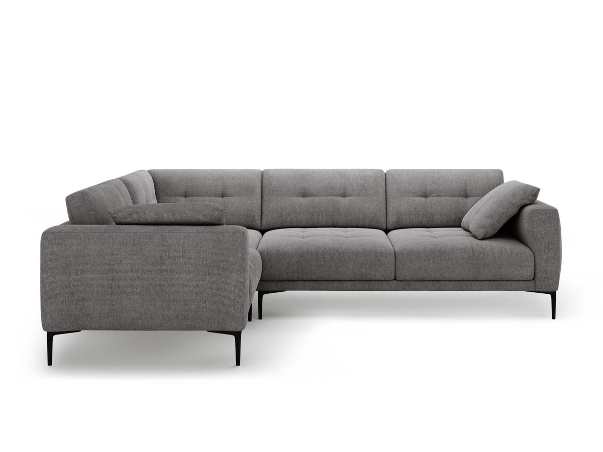 Ecksofa links Lazio in Beige-Sorella mit Strukturstoff, Massivholzrahmen und schwarzen Metallbeinen, 4-Sitzer mit Récamiere.