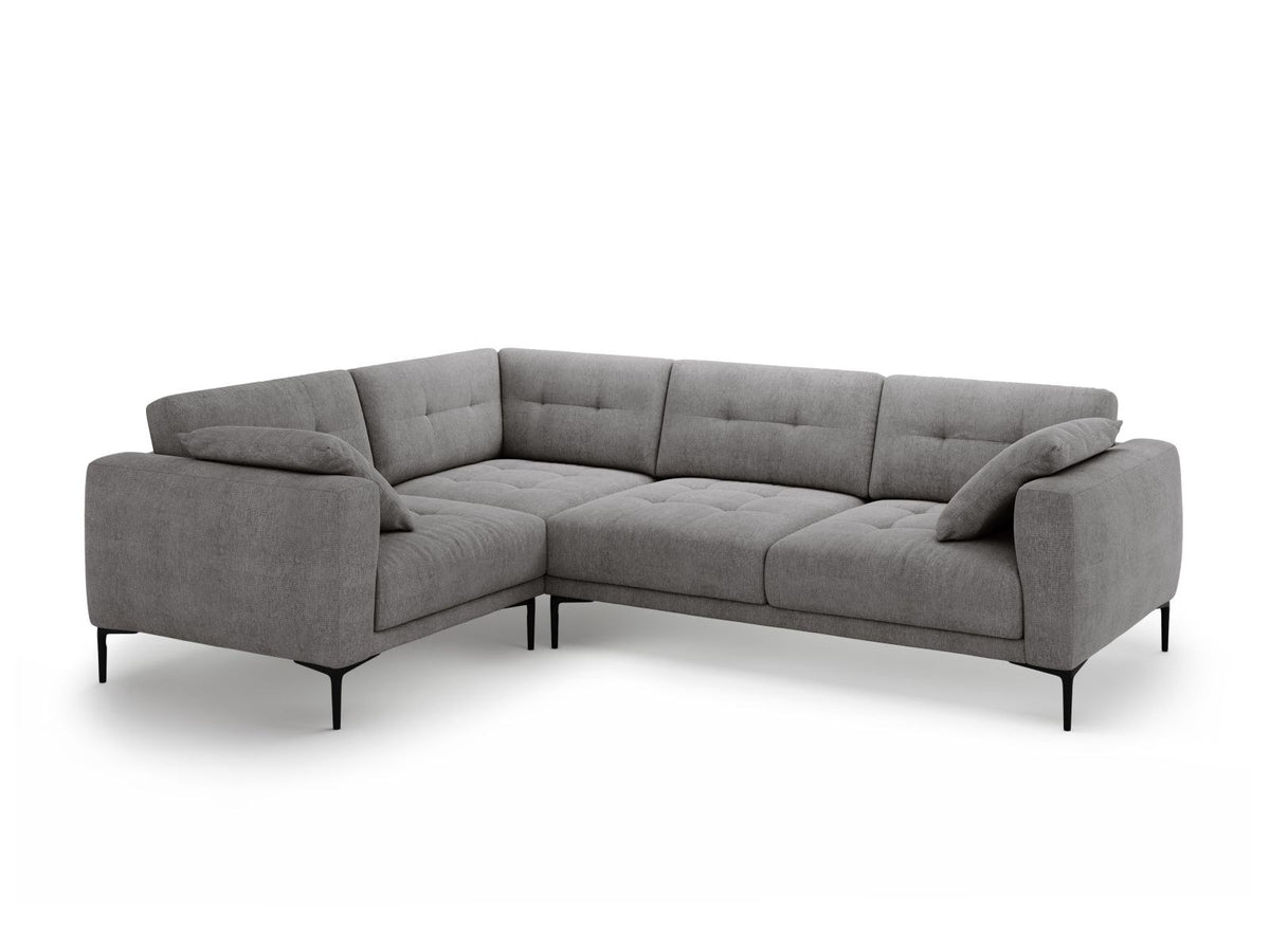 Ecksofa links Lazio in Beige-Sorella mit Strukturstoff, Massivholzrahmen und schwarzen Metallbeinen, 4-Sitzer mit Récamiere.