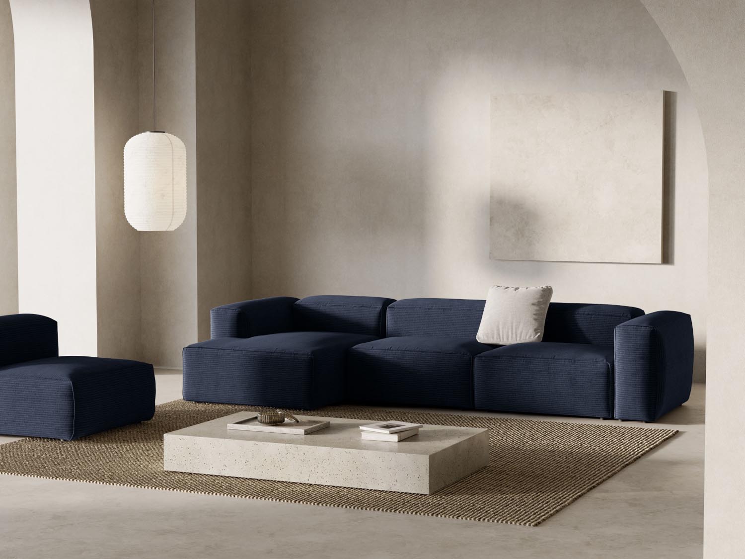 Bergamo Modulares Ecksofa links 4 Sitzer in Navy Blue-Perla präsentiert im Onlineshop von KAQTU Design AG. Ecksofa links ist von Cosmopolitan Design