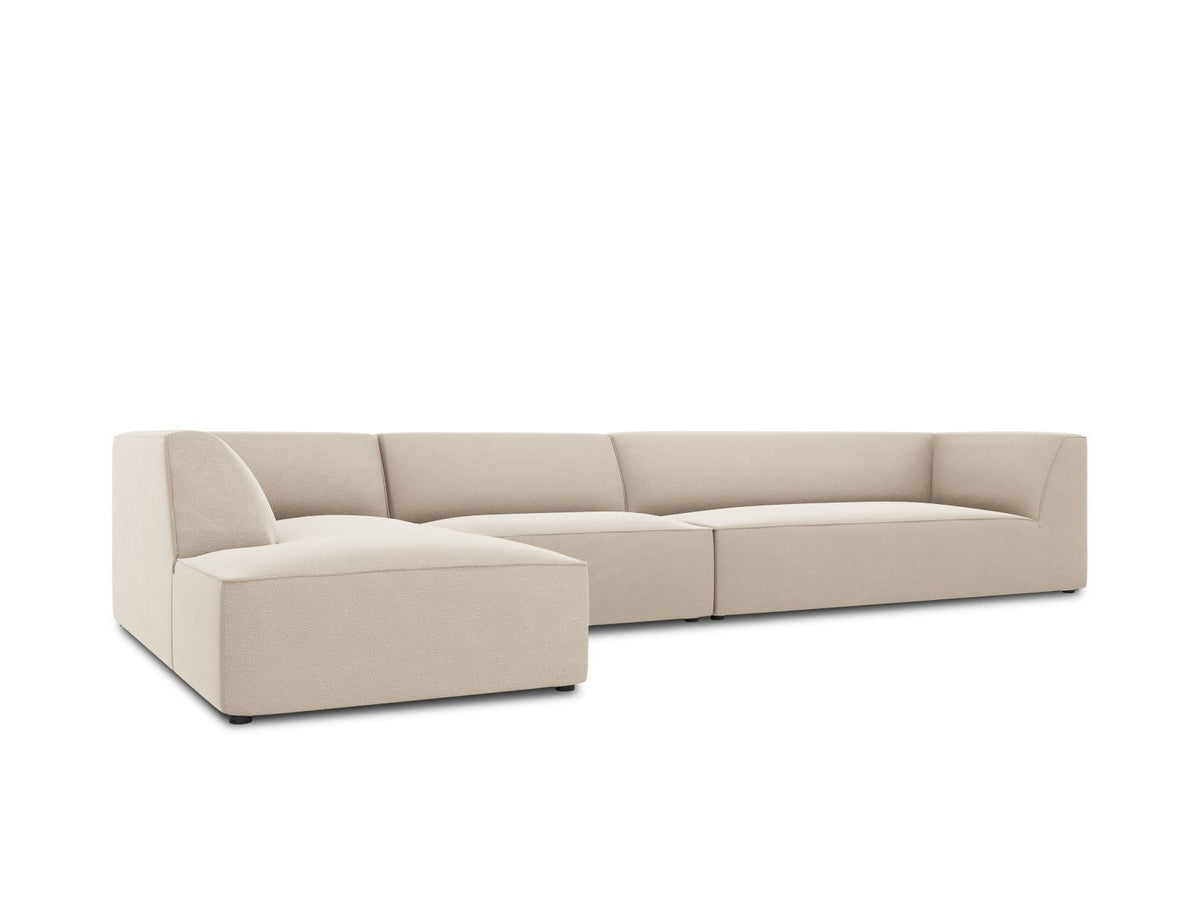 Beige-Salvador Samt Ecksofa links mit Récamiere, schwarzen Kunststoffbeinen und modularem Aufbau, Cosmopolitan Design Siena Serie.