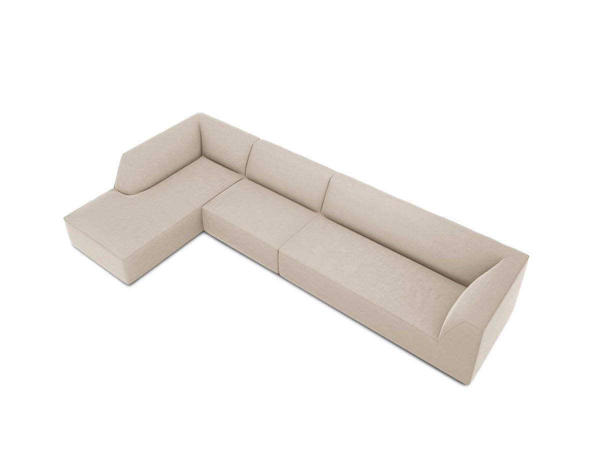 Beige-Salvador Samt Ecksofa links mit Récamiere, schwarzen Kunststoffbeinen und modularem Aufbau, Cosmopolitan Design Siena Serie.