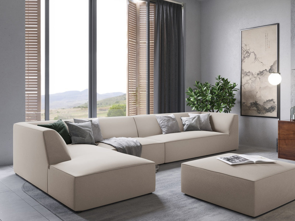 Beige-Salvador Samt Ecksofa links mit Récamiere, schwarzen Kunststoffbeinen und modularem Aufbau, Cosmopolitan Design Siena Serie.