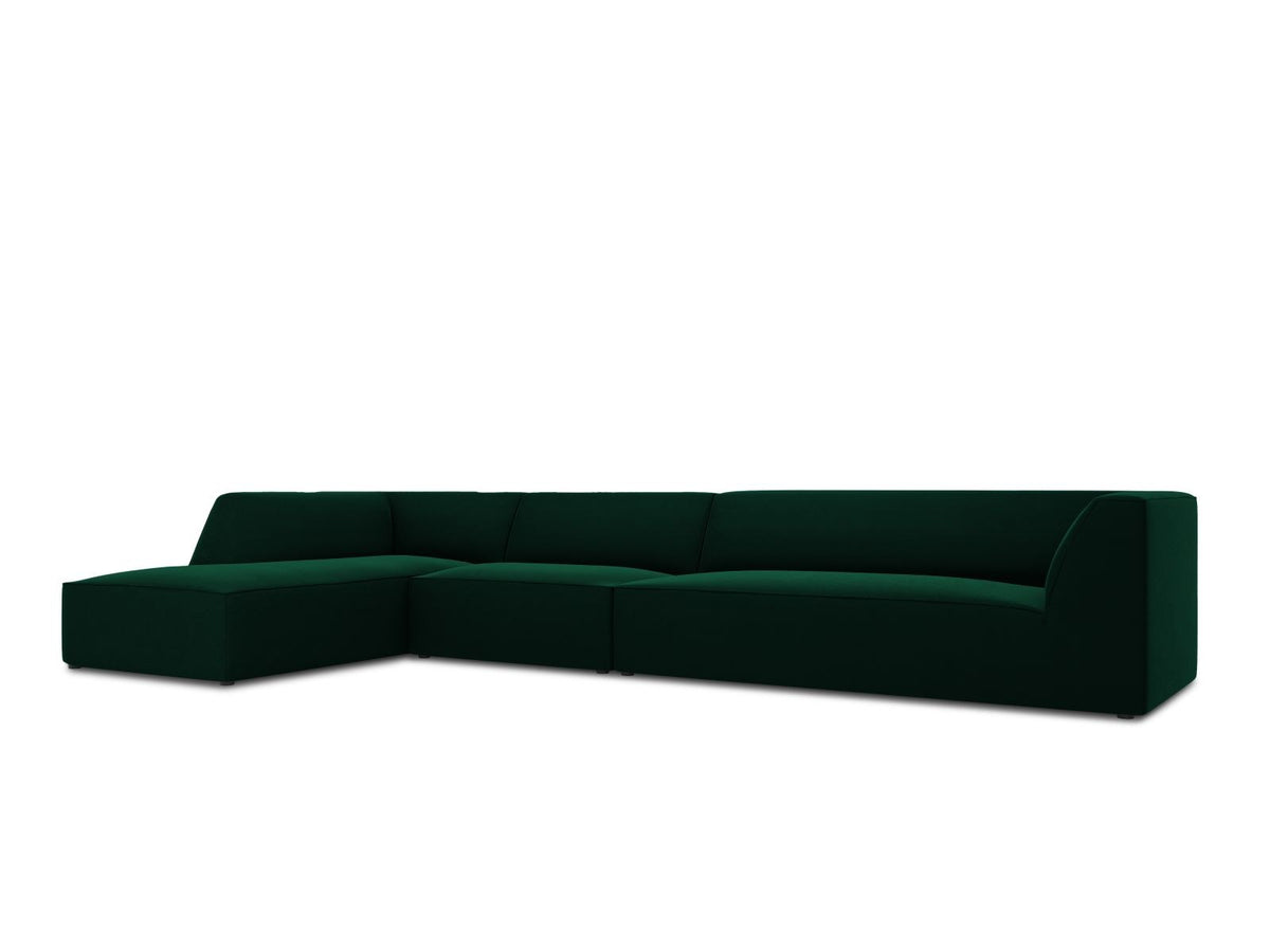 Beige-Salvador Samt Ecksofa links mit Récamiere, schwarzen Kunststoffbeinen und modularem Aufbau, Cosmopolitan Design Siena Serie.