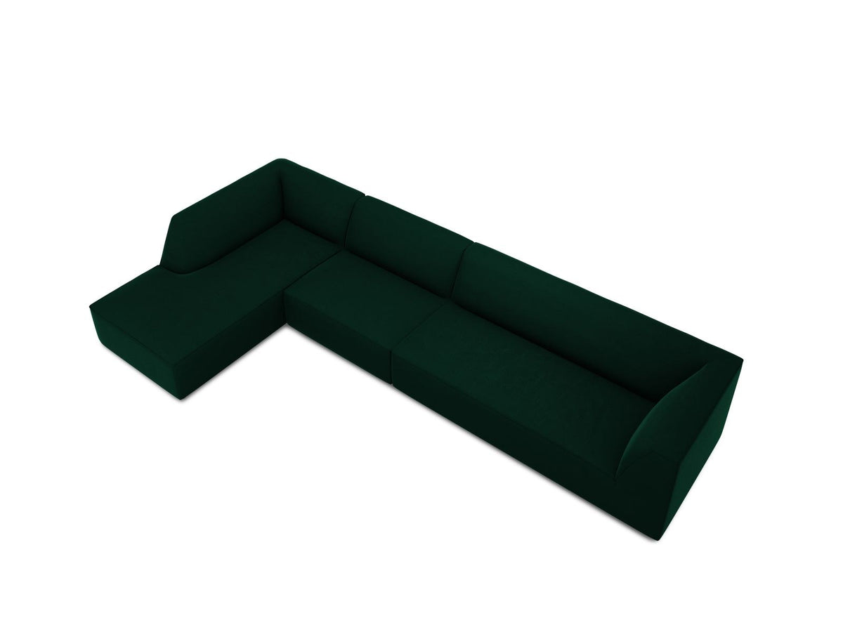 Beige-Salvador Samt Ecksofa links mit Récamiere, schwarzen Kunststoffbeinen und modularem Aufbau, Cosmopolitan Design Siena Serie.