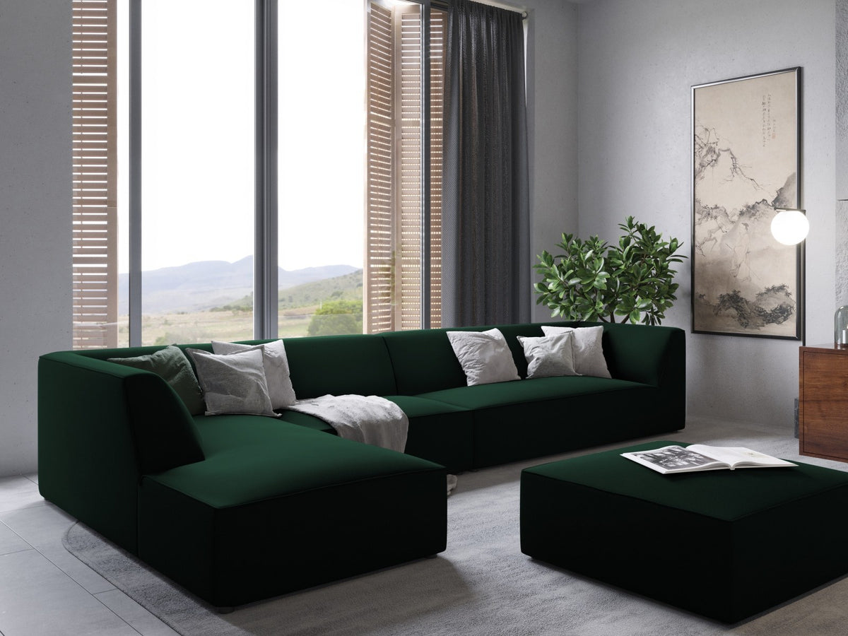 Beige-Salvador Samt Ecksofa links mit Récamiere, schwarzen Kunststoffbeinen und modularem Aufbau, Cosmopolitan Design Siena Serie.