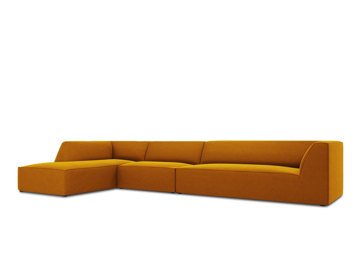Beige-Salvador Samt Ecksofa links mit Récamiere, schwarzen Kunststoffbeinen und modularem Aufbau, Cosmopolitan Design Siena Serie.