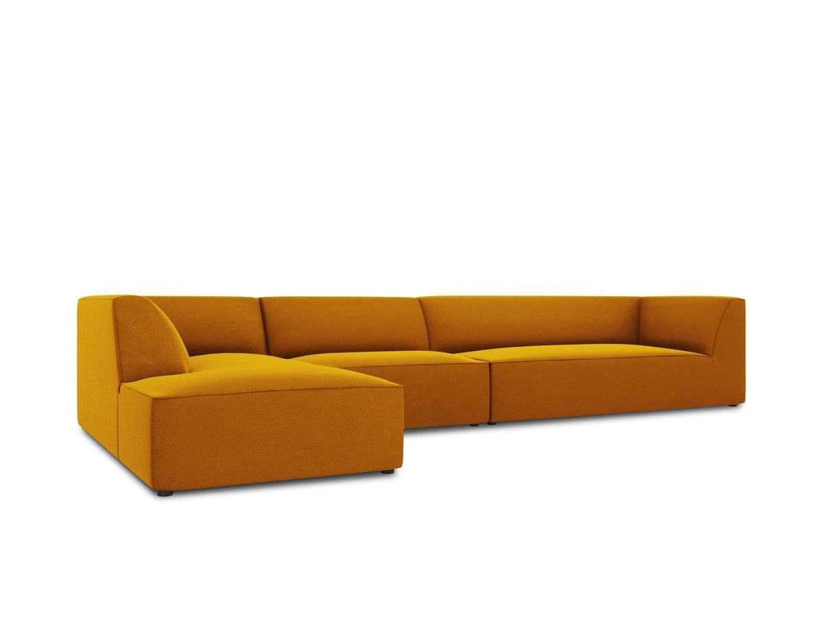 Beige-Salvador Samt Ecksofa links mit Récamiere, schwarzen Kunststoffbeinen und modularem Aufbau, Cosmopolitan Design Siena Serie.