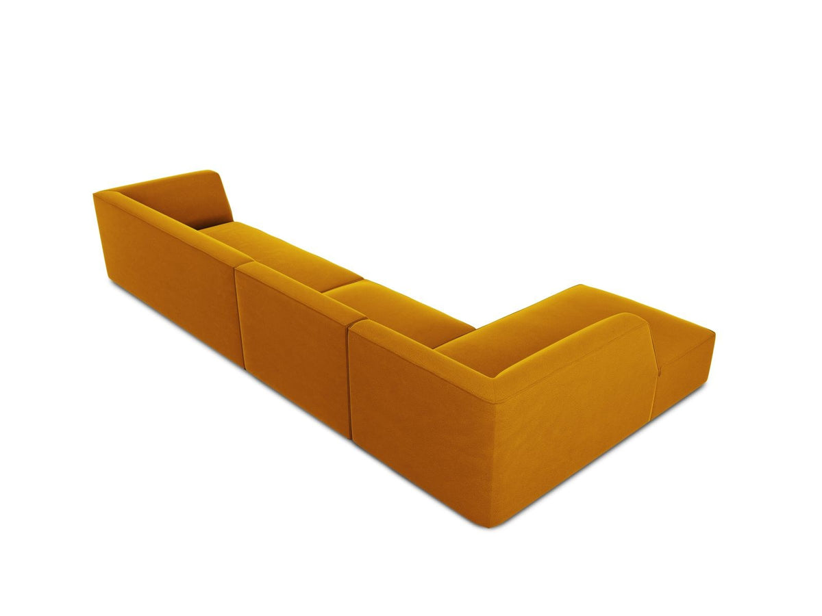Beige-Salvador Samt Ecksofa links mit Récamiere, schwarzen Kunststoffbeinen und modularem Aufbau, Cosmopolitan Design Siena Serie.