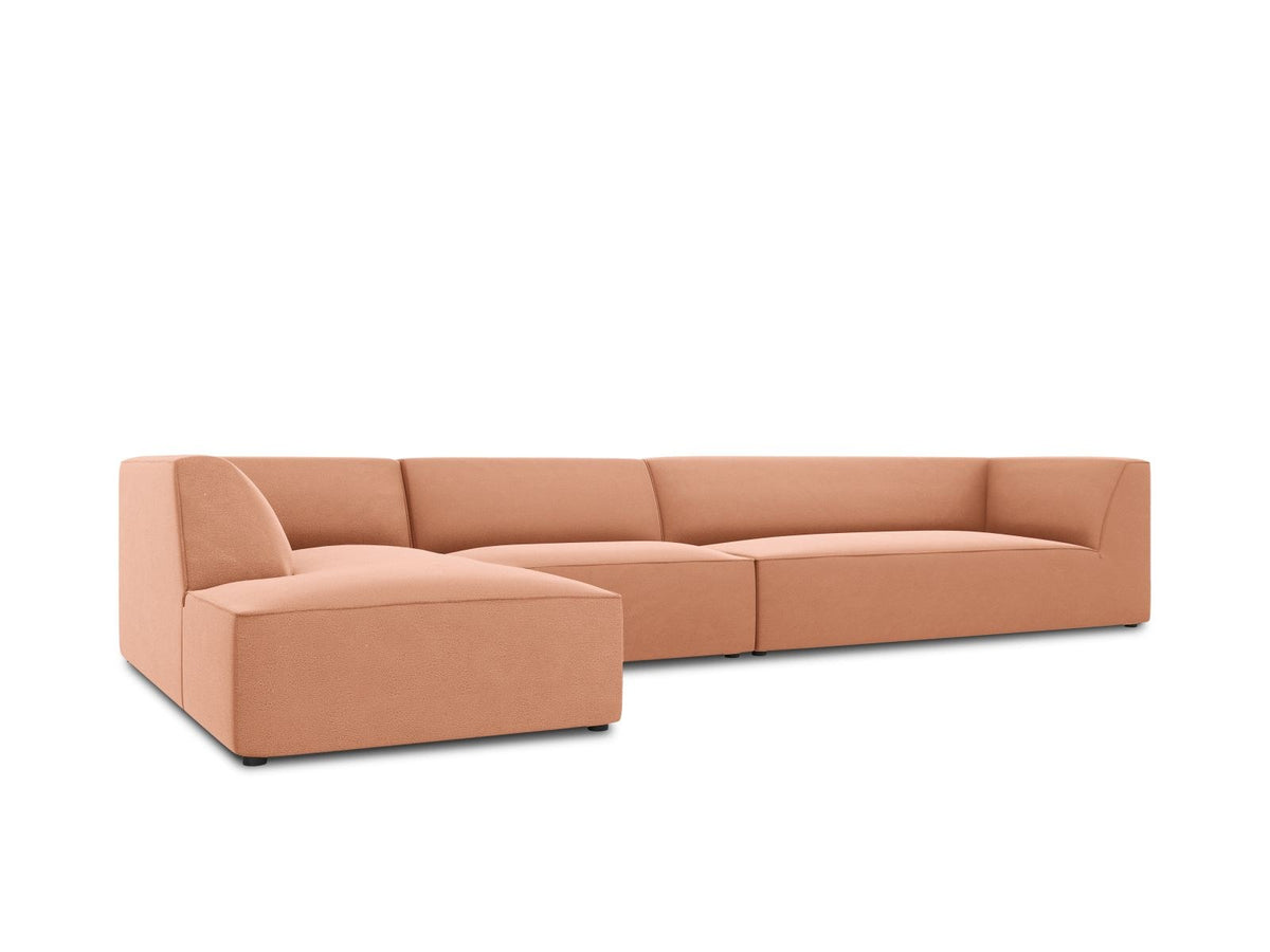 Beige-Salvador Samt Ecksofa links mit Récamiere, schwarzen Kunststoffbeinen und modularem Aufbau, Cosmopolitan Design Siena Serie.