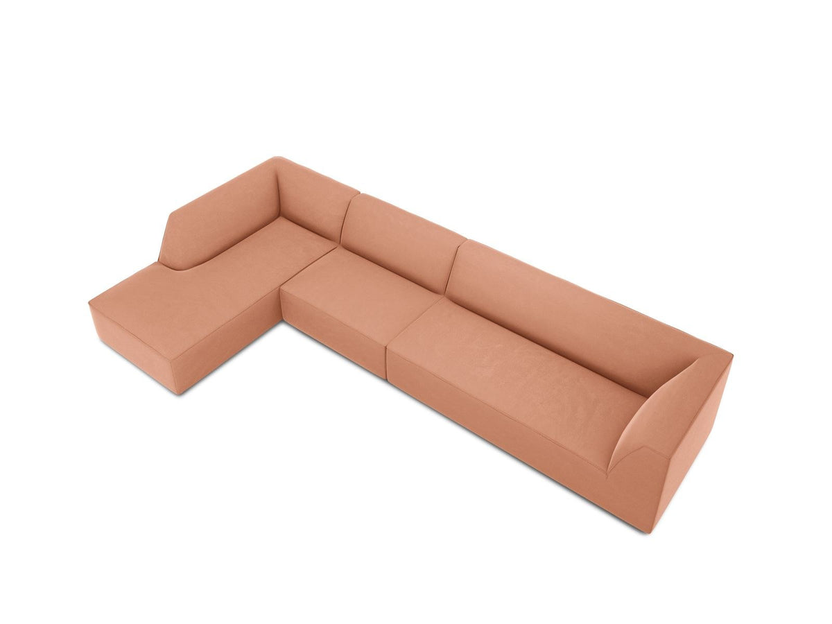 Beige-Salvador Samt Ecksofa links mit Récamiere, schwarzen Kunststoffbeinen und modularem Aufbau, Cosmopolitan Design Siena Serie.