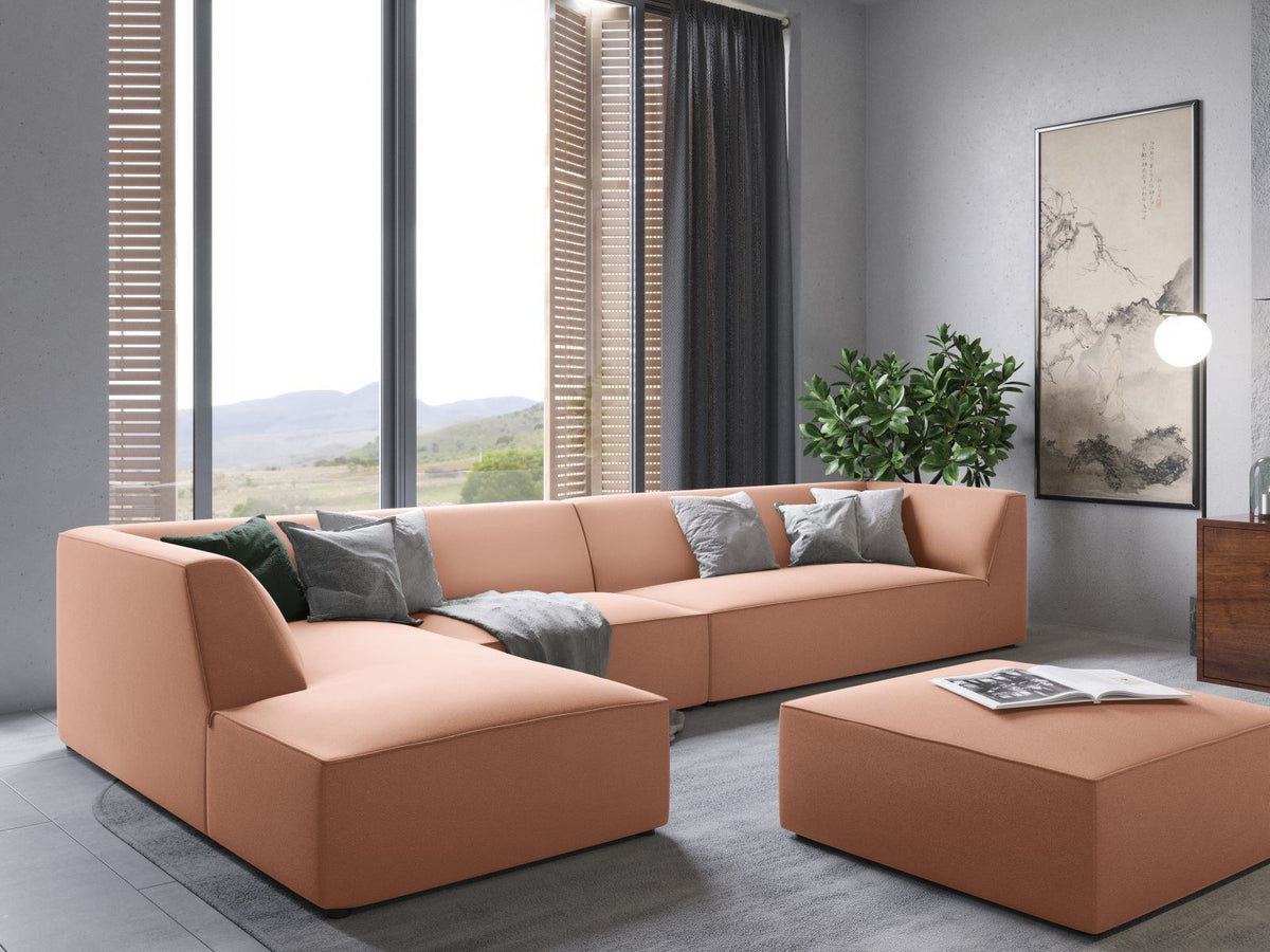 Beige-Salvador Samt Ecksofa links mit Récamiere, schwarzen Kunststoffbeinen und modularem Aufbau, Cosmopolitan Design Siena Serie.