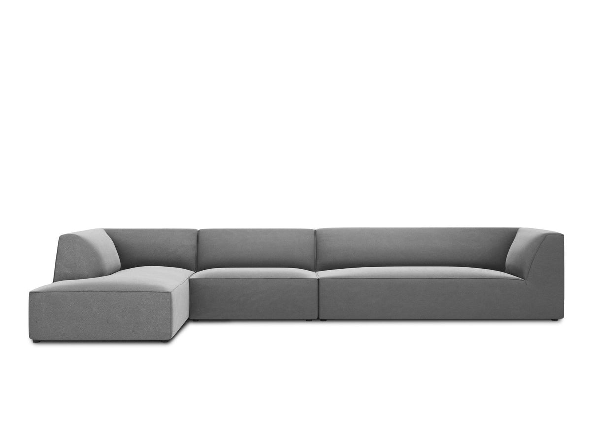 Beige-Salvador Samt Ecksofa links mit Récamiere, schwarzen Kunststoffbeinen und modularem Aufbau, Cosmopolitan Design Siena Serie.