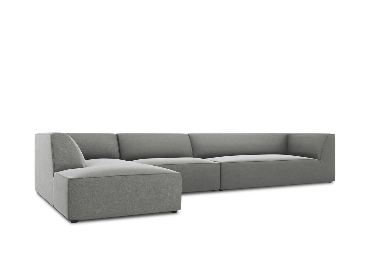 Beige-Salvador Samt Ecksofa links mit Récamiere, schwarzen Kunststoffbeinen und modularem Aufbau, Cosmopolitan Design Siena Serie.
