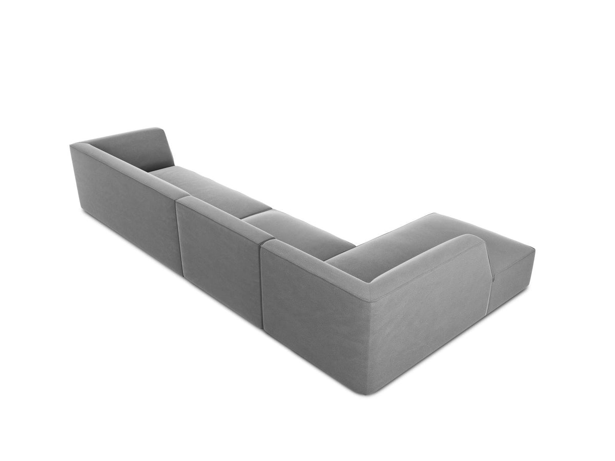 Beige-Salvador Samt Ecksofa links mit Récamiere, schwarzen Kunststoffbeinen und modularem Aufbau, Cosmopolitan Design Siena Serie.