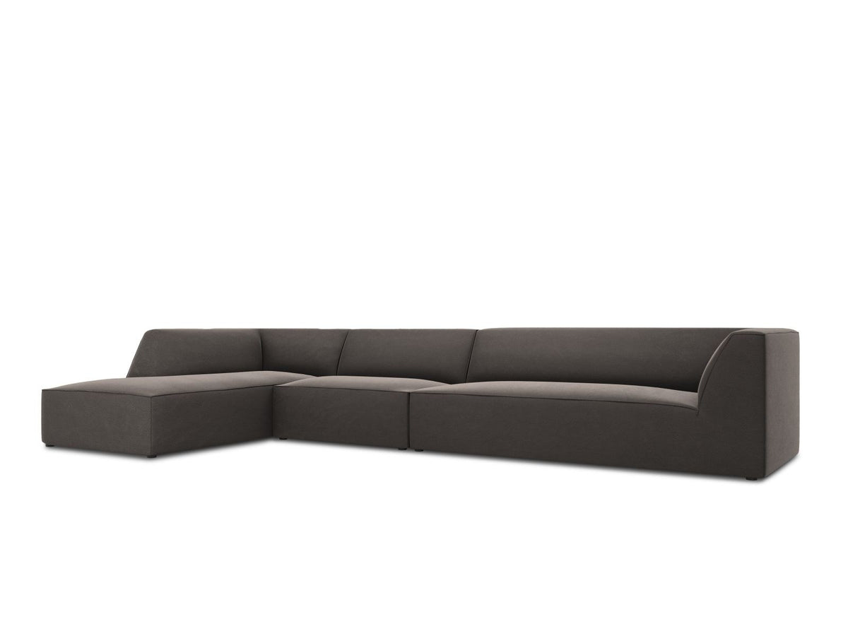 Beige-Salvador Samt Ecksofa links mit Récamiere, schwarzen Kunststoffbeinen und modularem Aufbau, Cosmopolitan Design Siena Serie.
