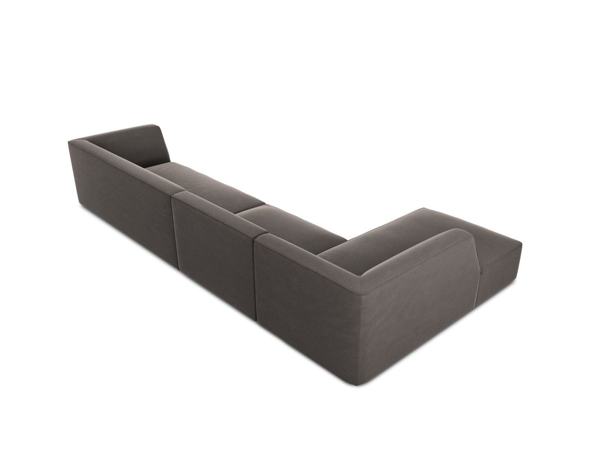Beige-Salvador Samt Ecksofa links mit Récamiere, schwarzen Kunststoffbeinen und modularem Aufbau, Cosmopolitan Design Siena Serie.