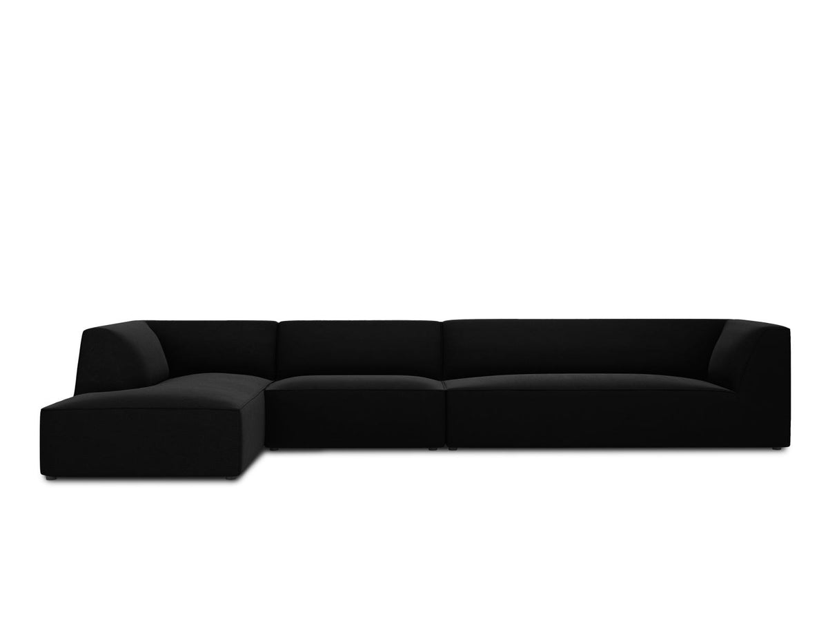 Beige-Salvador Samt Ecksofa links mit Récamiere, schwarzen Kunststoffbeinen und modularem Aufbau, Cosmopolitan Design Siena Serie.