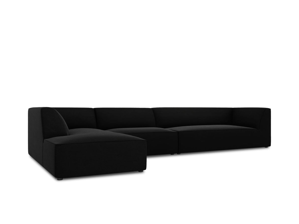 Beige-Salvador Samt Ecksofa links mit Récamiere, schwarzen Kunststoffbeinen und modularem Aufbau, Cosmopolitan Design Siena Serie.