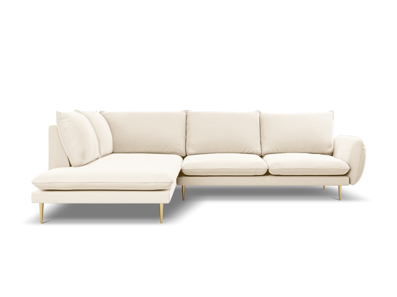 Luxuriöses 6-Sitzer Ecksofa in hellem Beige mit Velourbezug, perfekt für moderne Wohnzimmer, von Cosmopolitan Design.
