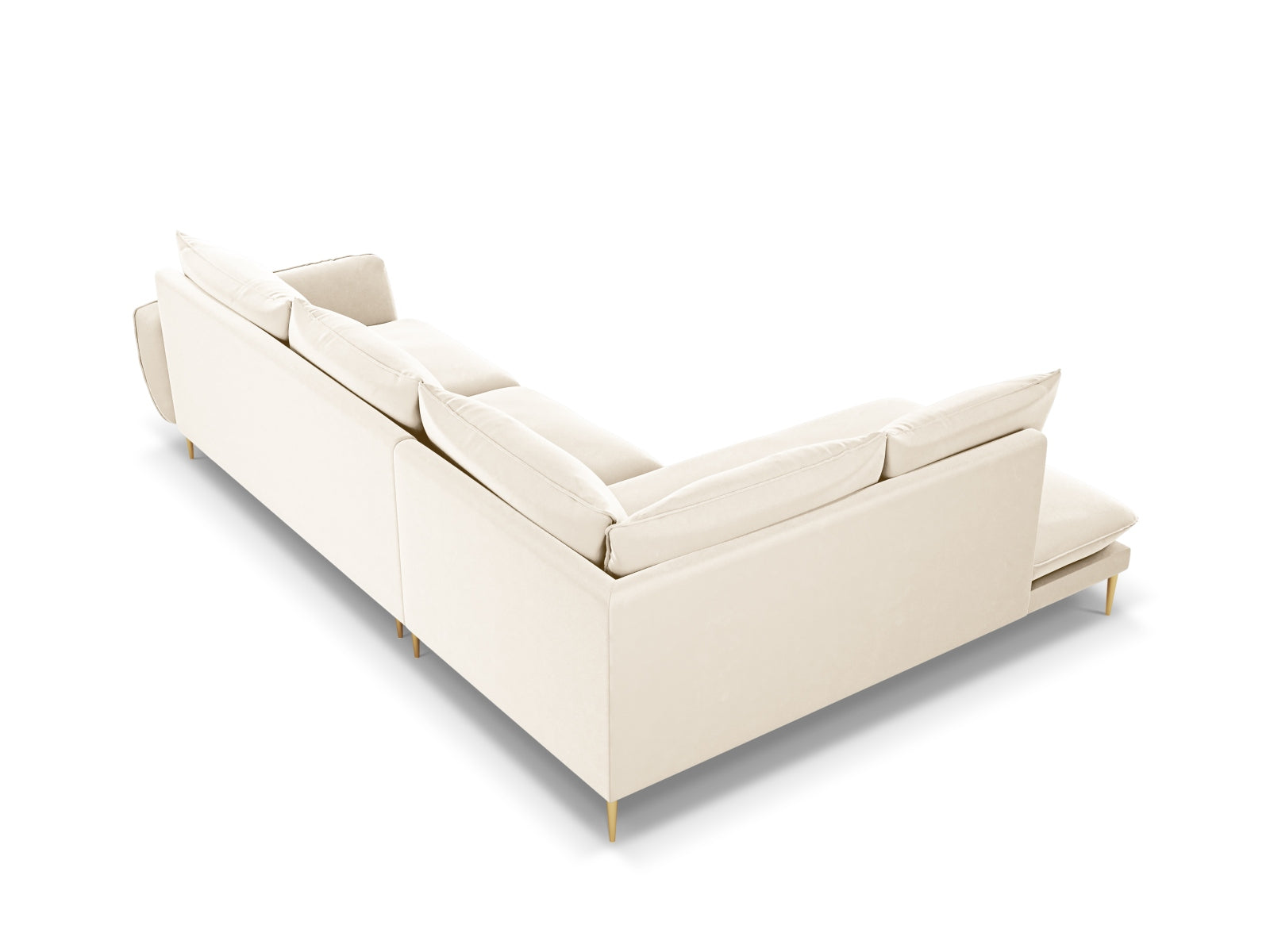 Elegantes linksseitiges Ecksofa in sanftem Beige, 6-Sitzer mit weichem Velour, ideal für stilvolle Wohnräume von Cosmopolitan Design.