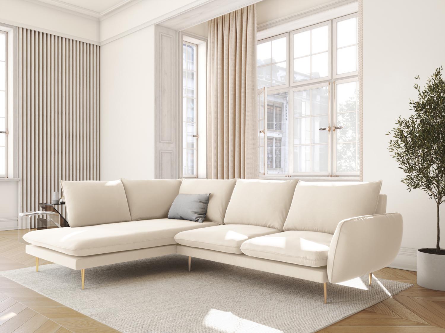 Elegantes Vienna Velour Ecksofa links in Light Beige/Gold-Bluvel, ideal für stilvolle Wohnräume, präsentiert von Cosmopolitan Design.