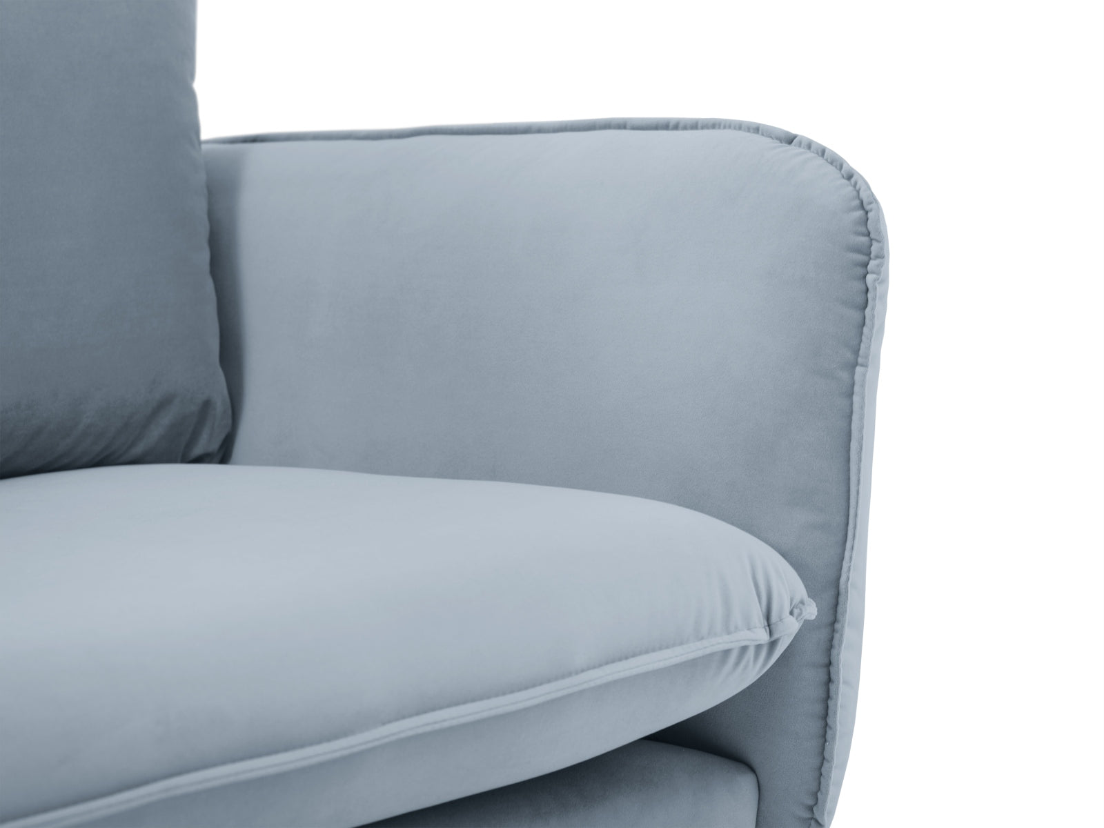 Luxuriöses, hellblaues Velour Ecksofa für 6 Personen, linksseitig, perfekt für moderne und gemütliche Wohnambiente von Cosmopolitan Design.