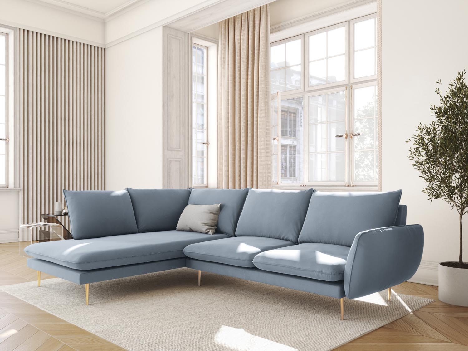Elegantes Vienna Velour Ecksofa links in sanftem Hellblau, ideal für stilvolle Wohnräume, präsentiert von Cosmopolitan Design.