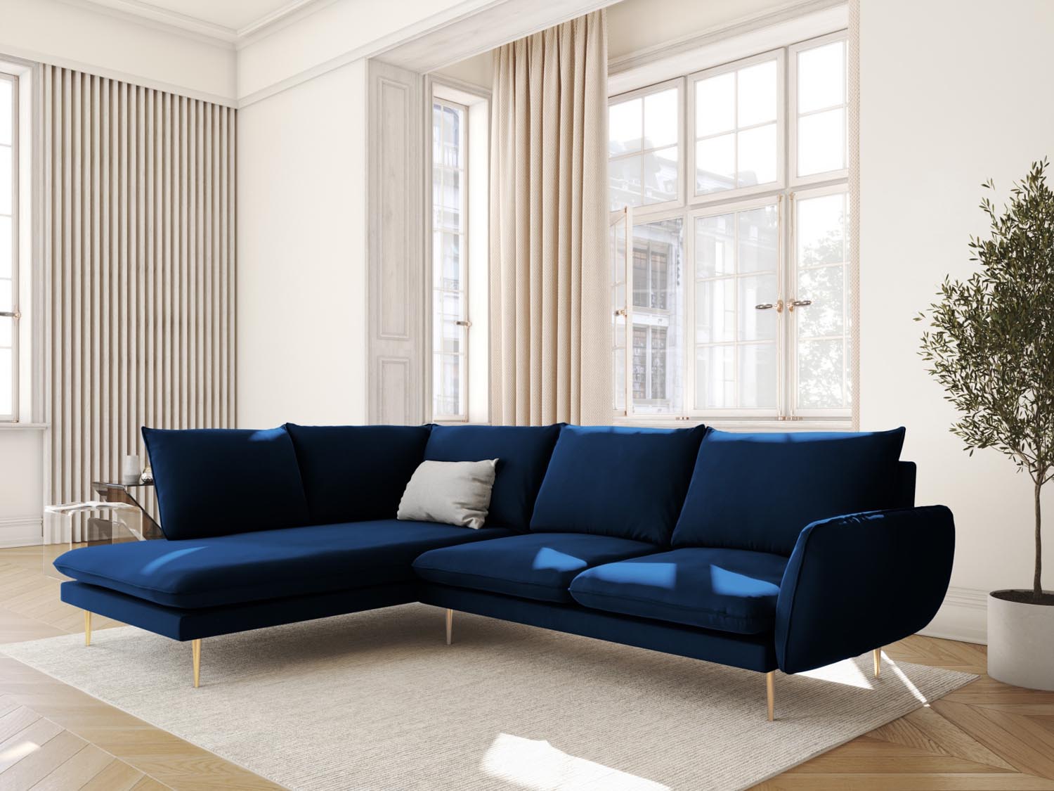 Elegantes Vienna Velour Ecksofa links in Royal Blue, 6 Sitzer, 185cm, stilvoll und komfortabel, ideal für moderne Wohnräume.