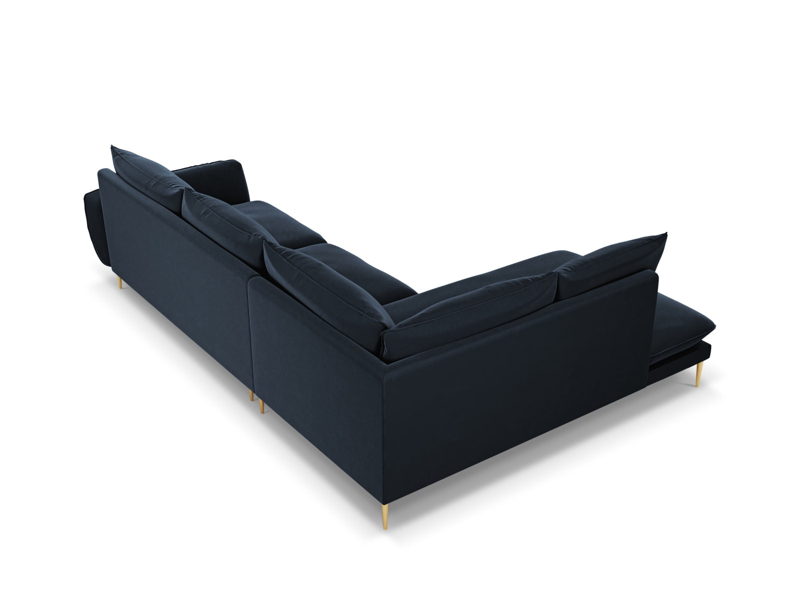 Elegantes linksseitiges Ecksofa in tiefem Blau, ideal für stilvolle Wohnräume und entspannte Abende mit Freunden.