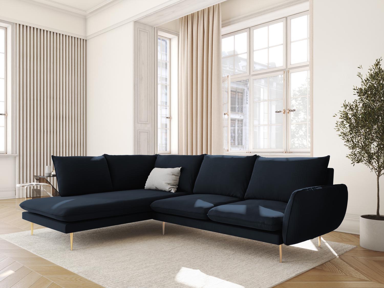 Elegantes Vienna Velour Ecksofa links in Dunkelblau mit goldenen Akzenten, ideal für stilvolle Wohnräume und gemütliche Abende.