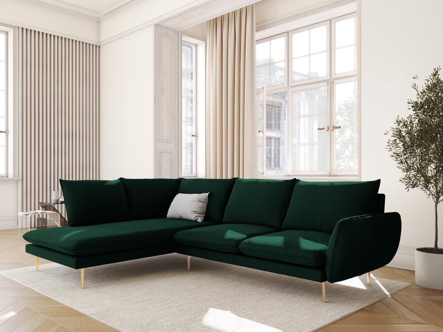 Elegantes Vienna Velour Ecksofa links in sattem Flaschengrün, ideal für stilvolle Wohnräume, präsentiert von Cosmopolitan Design.