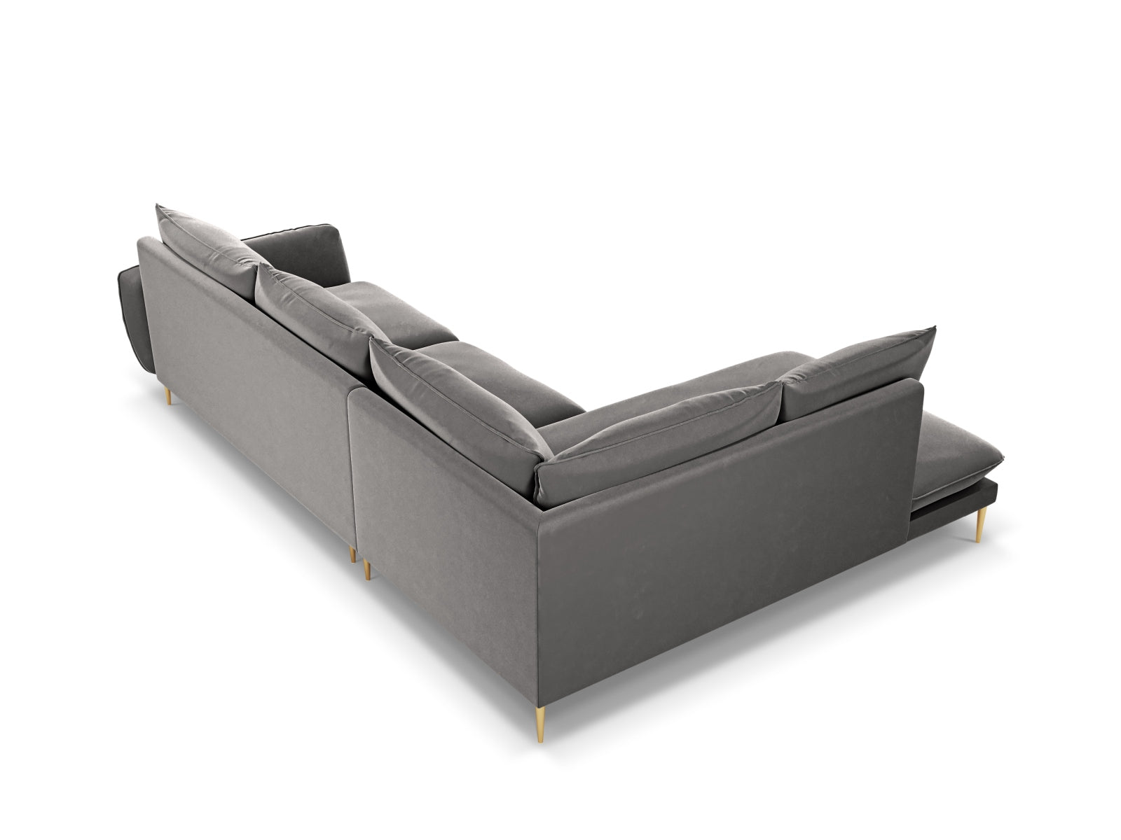Elegantes 6-Sitzer Velours Ecksofa in sanften Grautönen, linksseitig, ideal für stilvolle Wohnräume und entspannte Abende.