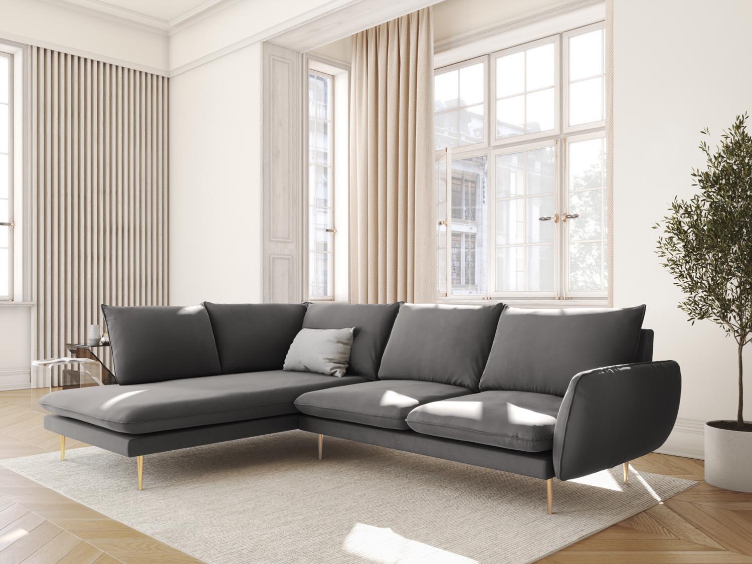 Elegantes Vienna Velour Ecksofa links in Light Grey/Gold-Bluvel, ideal für stilvolle Wohnräume, präsentiert von Cosmopolitan Design.