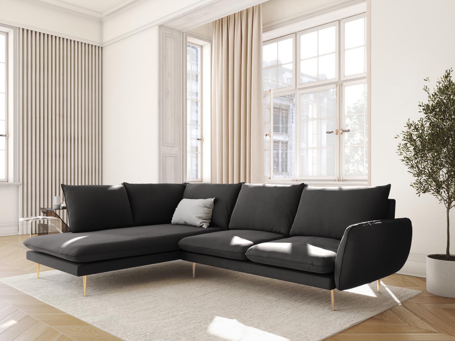 Elegantes Vienna Velour Ecksofa links in Dunkelgrau mit goldenen Akzenten, ideal für stilvolle Wohnräume. 6-Sitzer, 185 cm.