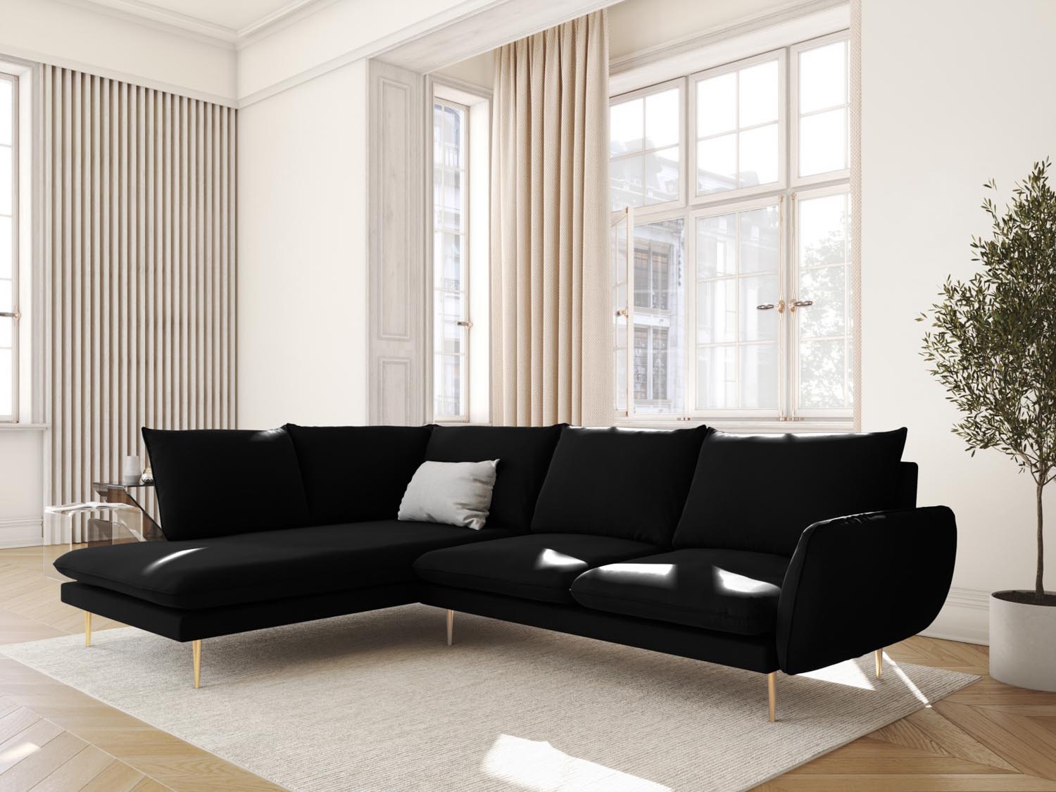 Elegantes Vienna Velour Ecksofa links in stilvollem Schwarz und Gold-Bluvel, ideal für moderne Wohnräume und gesellige Abende.