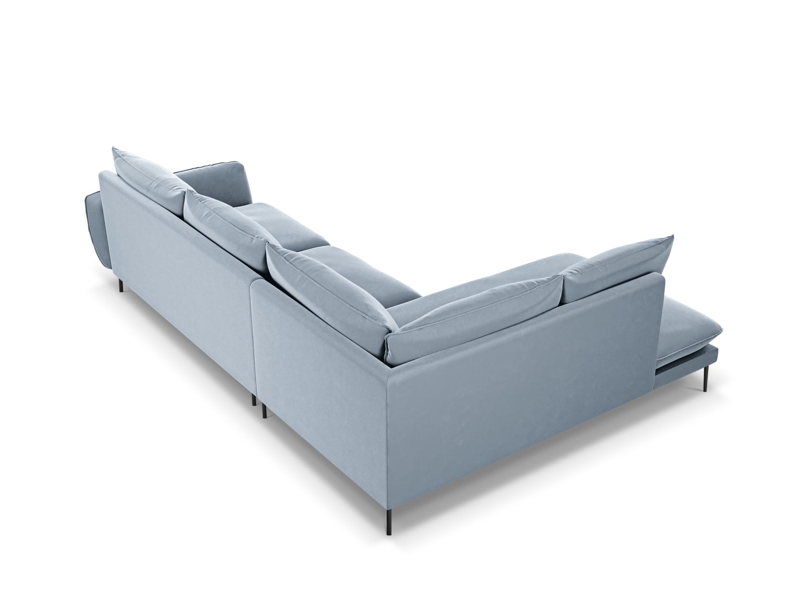 Elegantes 6-Sitzer Ecksofa in sanften Blautönen, ideal für stilvolle Wohnzimmer und entspannte Abende mit Freunden.