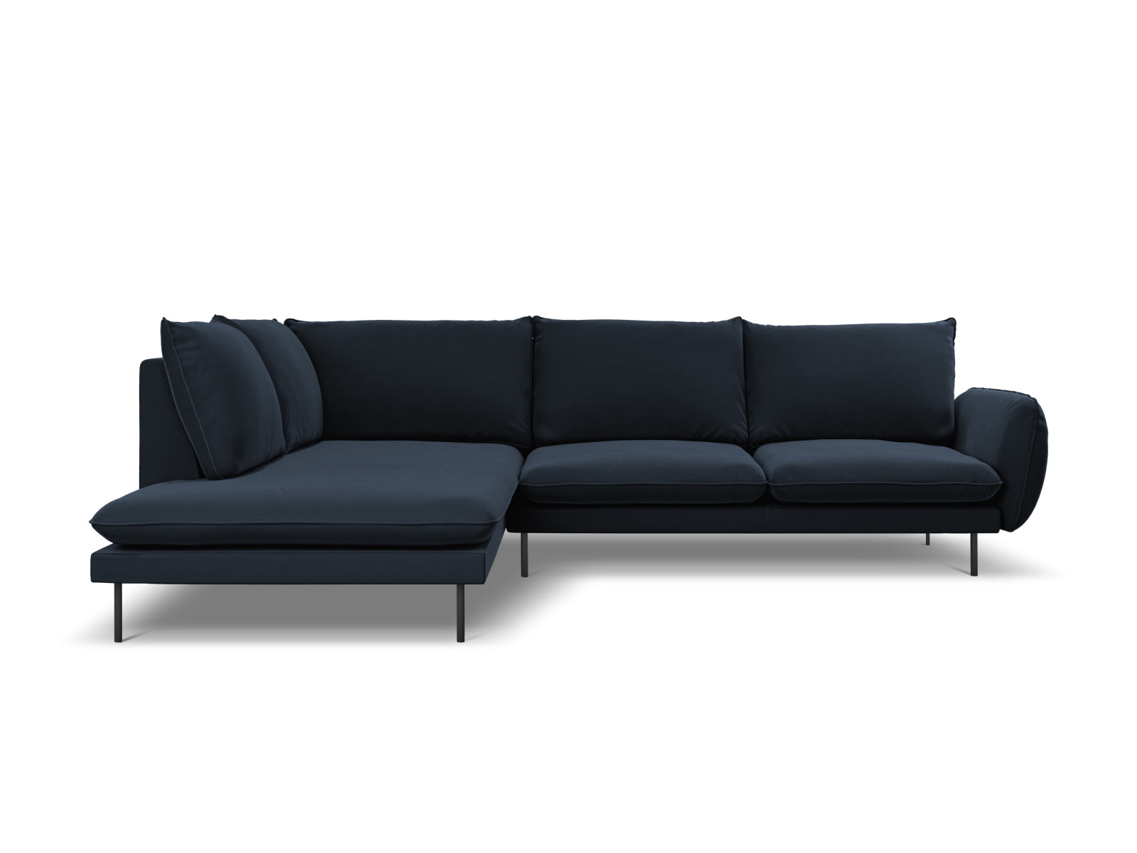 Modernes 6-sitziges Ecksofa in Dunkelblau/Schwarz-Bluvel, perfekt für gemütliche und stilvolle Wohnzimmer, von Cosmopolitan Design.