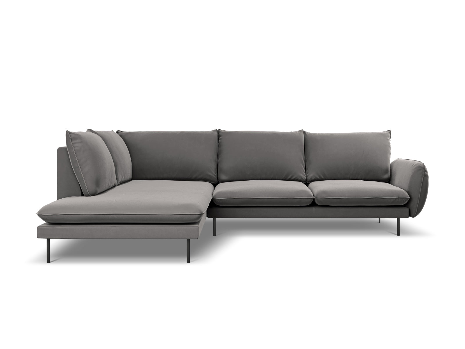 Stylisches 6-Sitzer Ecksofa Vienna in Velours, linksseitig, in sanften Grautönen, perfekt für gemütliche und moderne Wohnlandschaften.