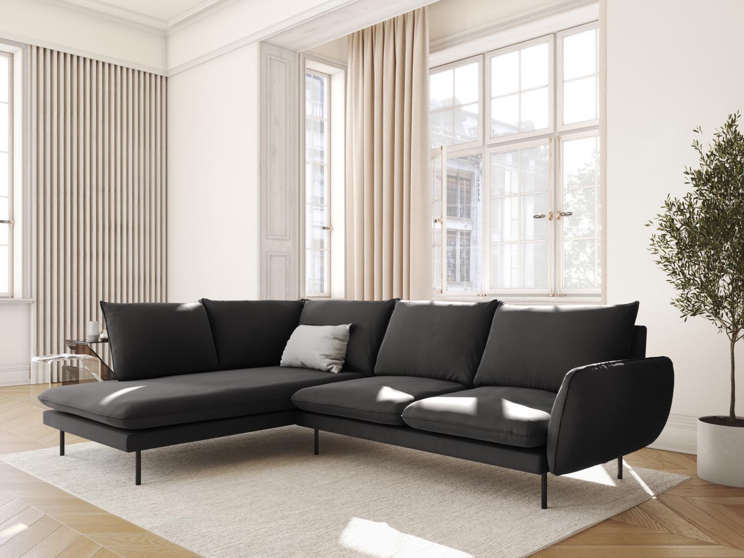 Elegantes Vienna Velour Ecksofa links in Dunkelgrau, 6-Sitzer mit 185 cm, ideal für stilvolle Wohnräume.