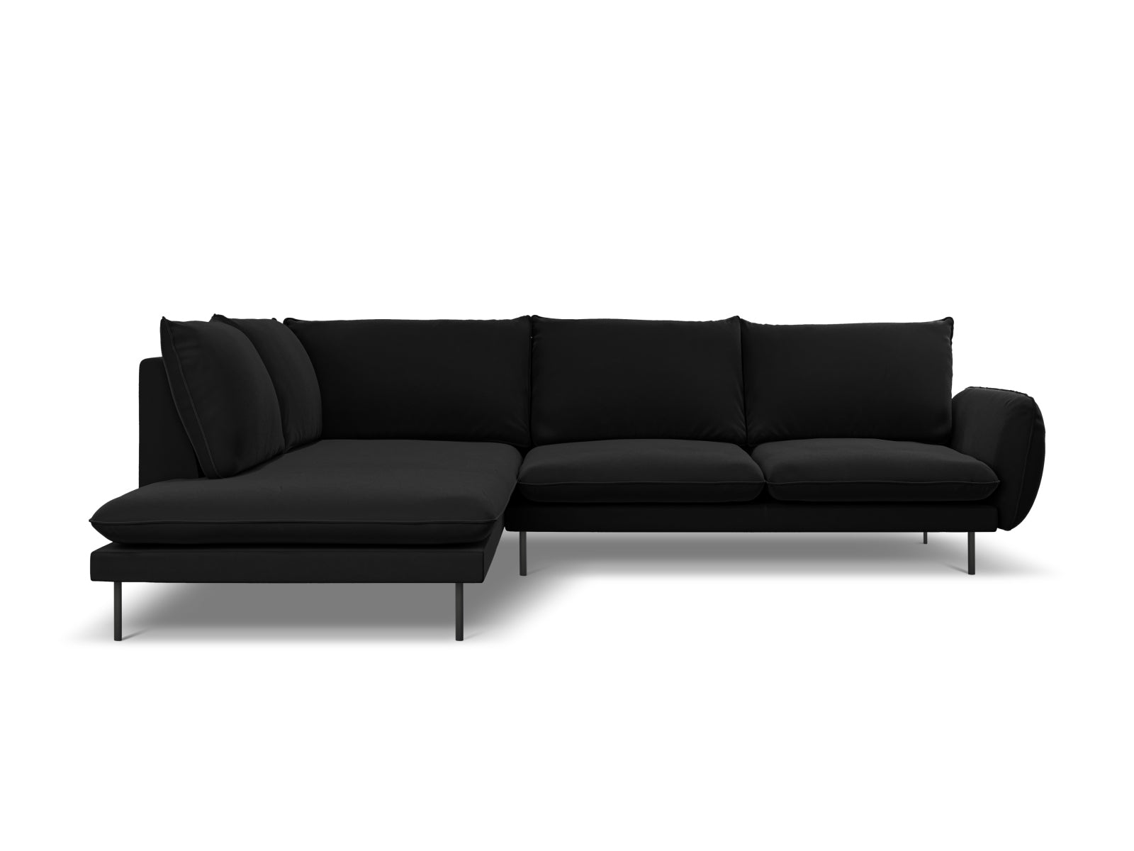 Schwarzes Vienna Velour Ecksofa links, 6-Sitzer mit 185 cm, perfektes Möbelstück für moderne und elegante Wohnräume von Cosmopolitan Design.