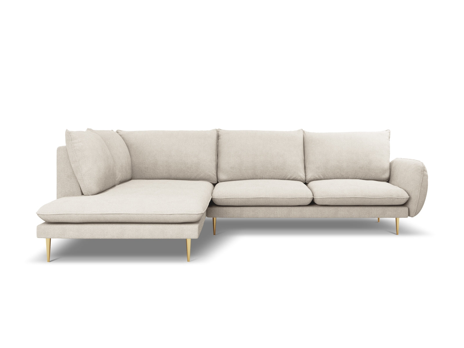Elegantes Vienna Ecksofa links, 6-Sitzer, 185 cm, in sanftem Light Beige mit goldenen Akzenten, ideal für stilvolle Wohnräume.